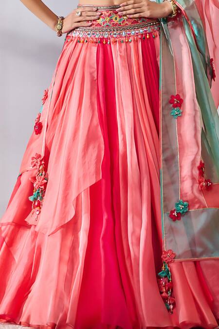 Tarun Tahiliani Multi Color Organza Tassels V-neck Layered Lehenga Embroidered Blouse Set Online at Aza Fashions Tarun Tahiliani_Multi Color Organza Tassels V-neck Layered Lehenga Embroidered Blouse Set _Online_at_Aza_Fashions