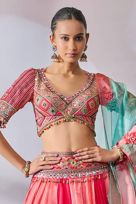 Buy Tarun Tahiliani Multi Color Organza Tassels V-neck Layered Lehenga Embroidered Blouse Set Online at Aza Fashions Buy_Tarun Tahiliani_Multi Color Organza Tassels V-neck Layered Lehenga Embroidered Blouse Set _Online_at_Aza_Fashions