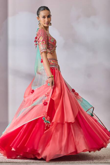 Shop Tarun Tahiliani Multi Color Organza Tassels V-neck Layered Lehenga Embroidered Blouse Set Online at Aza Fashions Shop_Tarun Tahiliani_Multi Color Organza Tassels V-neck Layered Lehenga Embroidered Blouse Set _Online_at_Aza_Fashions