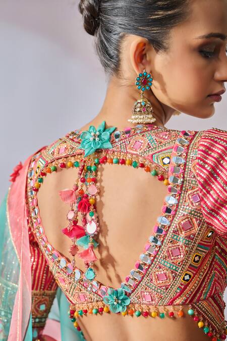 Tarun Tahiliani Multi Color Organza Tassels V-neck Layered Lehenga Embroidered Blouse Set at Aza Fashions Tarun Tahiliani_Multi Color Organza Tassels V-neck Layered Lehenga Embroidered Blouse Set _at_Aza_Fashions