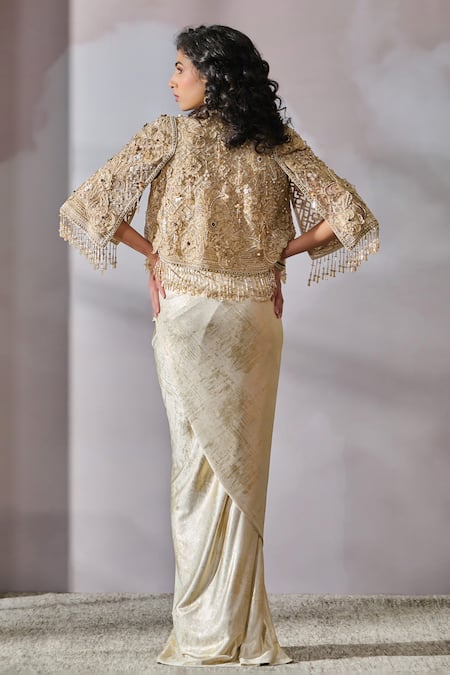 Shop_Tarun Tahiliani_Ivory Floral Embroidered Cape _at_Aza_Fashions