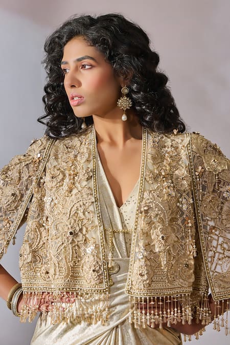 Tarun Tahiliani_Ivory Floral Embroidered Cape _Online_at_Aza_Fashions