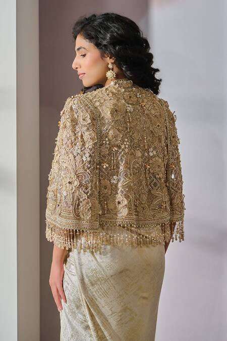 Buy_Tarun Tahiliani_Ivory Floral Embroidered Cape _Online_at_Aza_Fashions