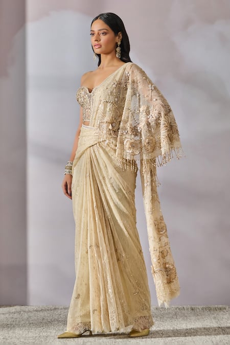 Tarun Tahiliani Ivory Corset Tulle Embroidered Floral Pre-draped Concept Saree With 
