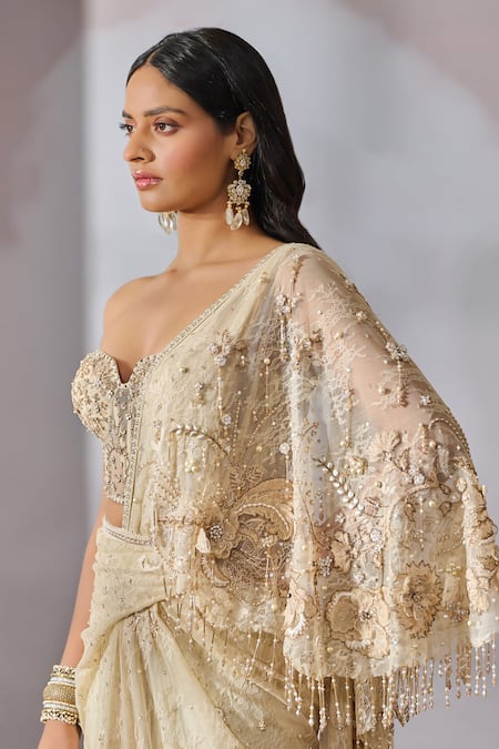 Tarun Tahiliani Ivory Tulle, Chiffon Crystals, Embroidery Pre-draped Concept Saree With Corset Online at Aza Fashions Tarun Tahiliani_Ivory Tulle, Chiffon Crystals, Embroidery Pre-draped Concept Saree With Corset _Online_at_Aza_Fashions