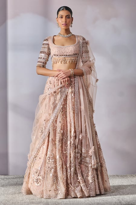 Tarun Tahiliani Pink Tulle Embroidered Pearl Scoop U Neck Floral Bridal Lehenga Set 