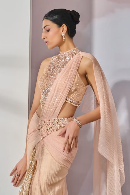 Buy_Tarun Tahiliani_Peach Net Pearls Collared Embellished Draped Concept Saree With Blouse _Online_at_Aza_Fashions