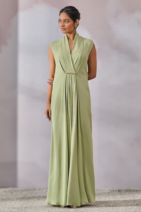Tarun Tahiliani Green Double Viscose Georgette Embellished Swarovski Placed Draped Dress