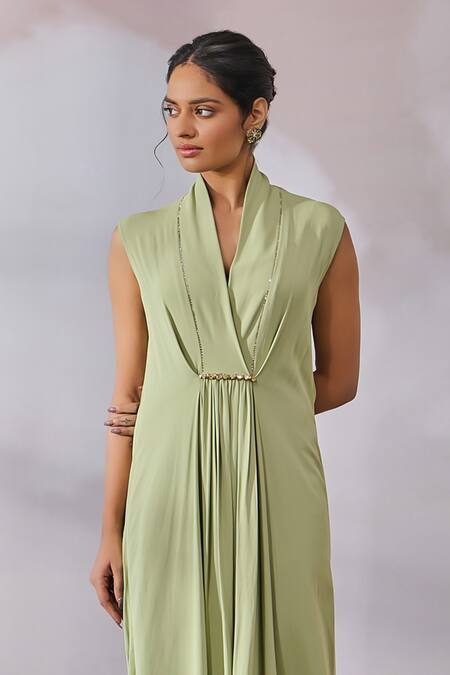 Tarun Tahiliani_Green Viscose, Georgette Crystals Placed Swarovski Embellished Draped Dress _Online_at_Aza_Fashions