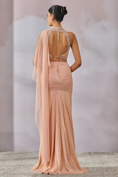 Tarun Tahiliani Pearl Embellished Draped Concept Saree With Blouse 