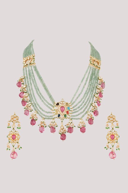 ChhavI'S Jewels_Multi Color Diamonds, Stones Kundan And Polki Embellished Layered Jewellery Set _Online_at_Aza_Fashions