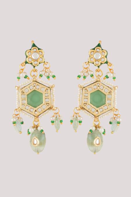 ChhavI'S Jewels_Green Stones, Pearls Jade Embellished Bloom Jewellery Set _Online_at_Aza_Fashions