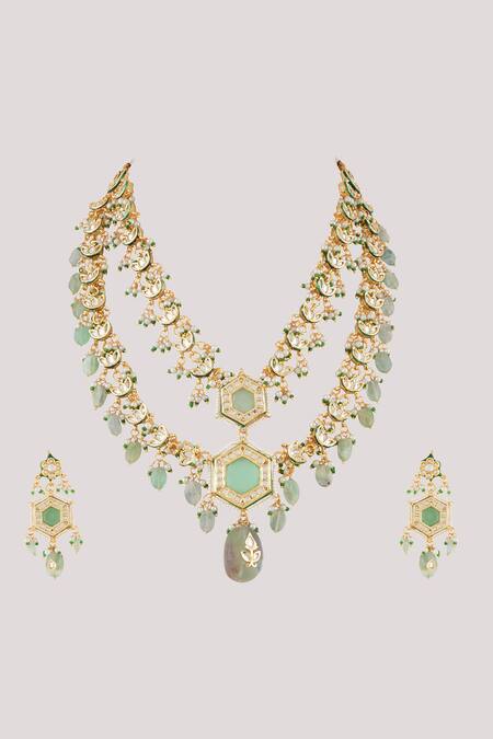 Shop_ChhavI'S Jewels_Green Stones, Pearls Jade Embellished Bloom Jewellery Set _Online_at_Aza_Fashions