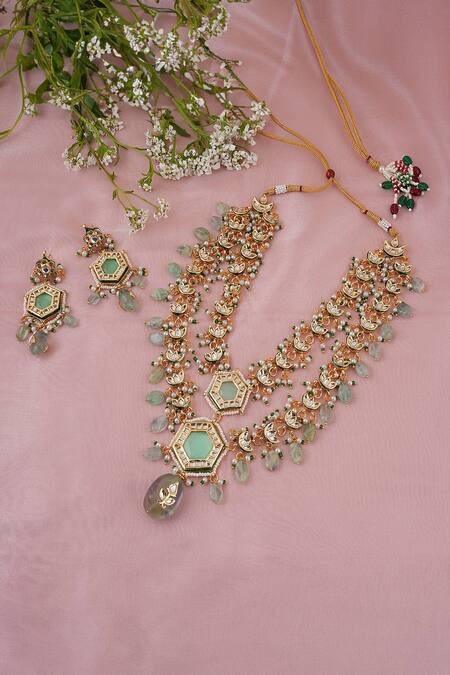 ChhavI'S Jewels_Green Stones, Pearls Jade Embellished Bloom Jewellery Set _at_Aza_Fashions