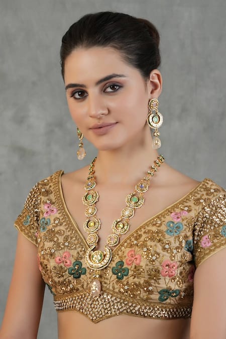 ChhavI'S Jewels Multi Color Diamonds, Stones, Crescent Kundan And Jade Embellished Jewellery Set 