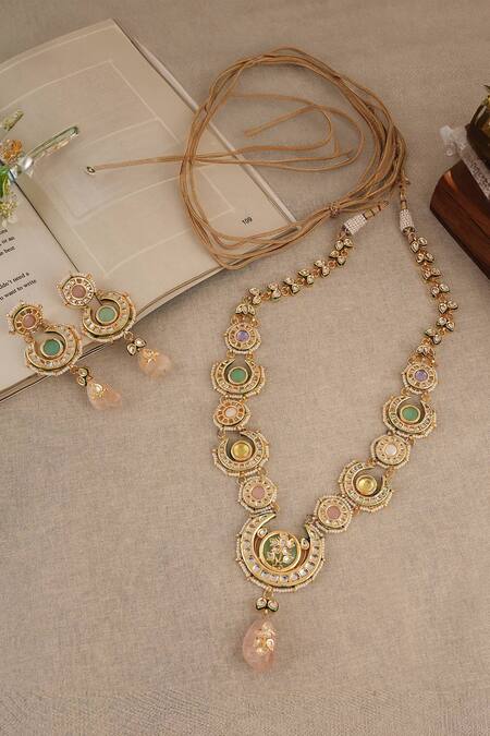 Shop_ChhavI'S Jewels_Multi Color Diamonds, Stones, Crescent Kundan And Jade Embellished Jewellery Set _at_Aza_Fashions