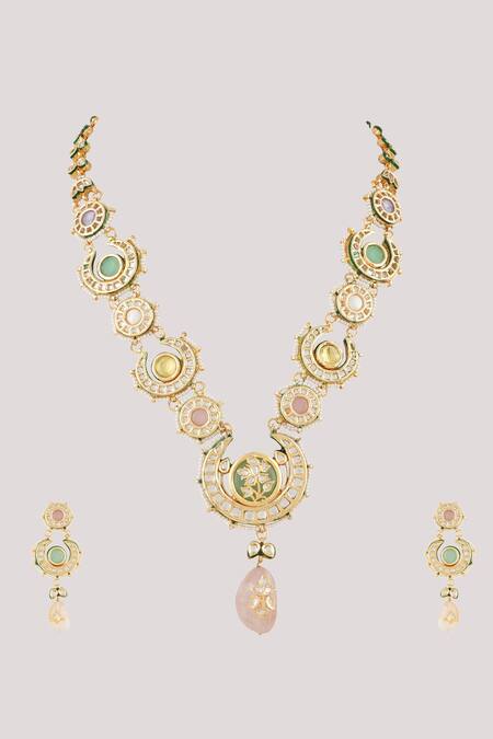 ChhavI'S Jewels_Multi Color Diamonds, Stones, Crescent Kundan And Jade Embellished Jewellery Set _Online_at_Aza_Fashions
