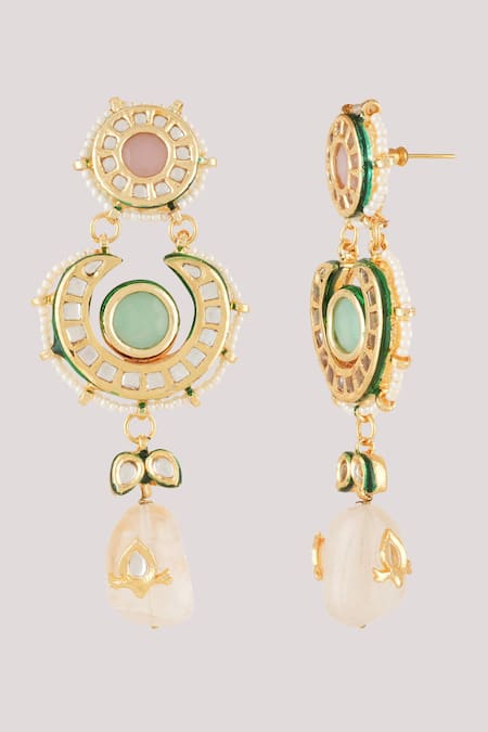 Shop_ChhavI'S Jewels_Multi Color Diamonds, Stones, Crescent Kundan And Jade Embellished Jewellery Set _Online_at_Aza_Fashions