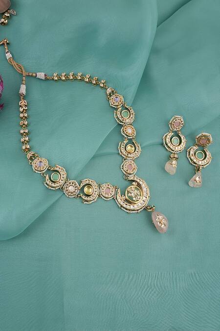 ChhavI'S Jewels_Multi Color Diamonds, Stones, Crescent Kundan And Jade Embellished Jewellery Set _at_Aza_Fashions