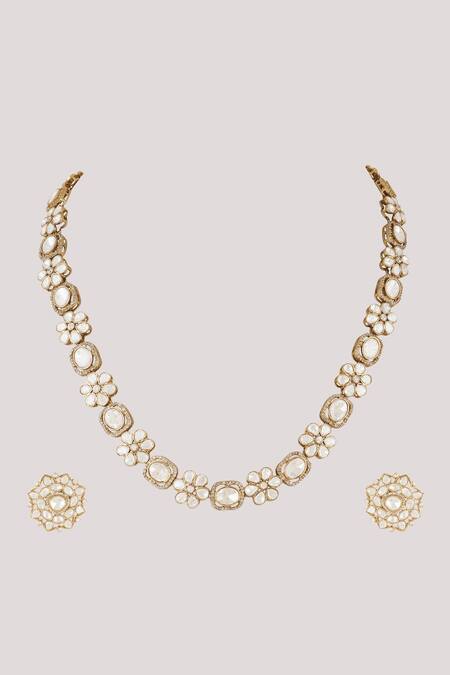 ChhavI'S Jewels_White Diamonds, Stones Floret Kundan And Polki Studded Jewellery Set _Online_at_Aza_Fashions