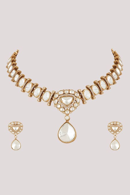 Shop_ChhavI'S Jewels_White Piping, Stones Pretty Pear Kundan And Polki Studded Jewellery Set _Online_at_Aza_Fashions