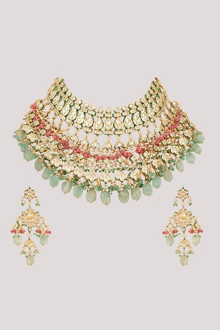 Shop_ChhavI'S Jewels_Multi Color Pearls, Phool Bahar Kundan And Polki Studded Maharani Jewellery Set _Online_at_Aza_Fashions