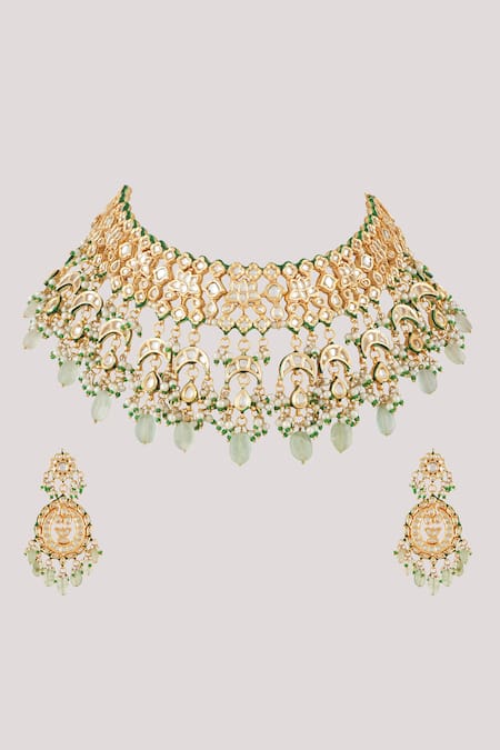 Shop_ChhavI'S Jewels_Green Diamonds, Stones Crescent Crest Kundan And Polki Studded Jewellery Set _Online_at_Aza_Fashions