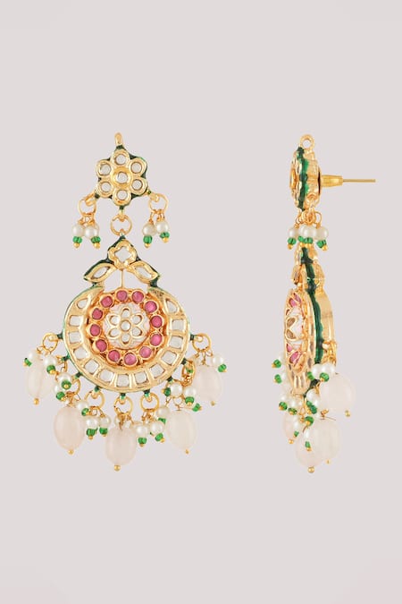 Buy_ChhavI'S Jewels_Pink Pearls, Stones Pakhi Bloom Kundan And Polki Studded Jewellery Set _Online_at_Aza_Fashions