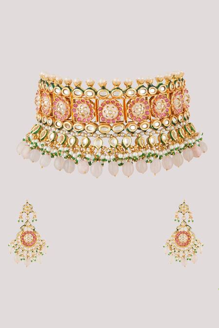 Shop_ChhavI'S Jewels_Pink Pearls, Stones Pakhi Bloom Kundan And Polki Studded Jewellery Set _Online_at_Aza_Fashions