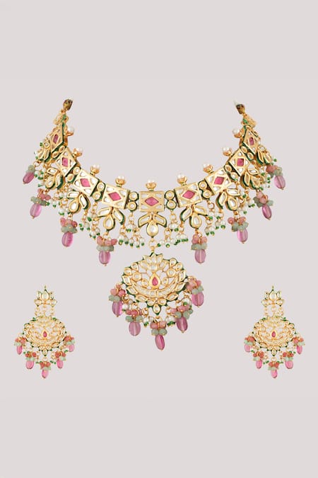 Shop_ChhavI'S Jewels_Pink Pearls, Stones Padma Kundan And Polki Studded Jewellery Set _Online_at_Aza_Fashions