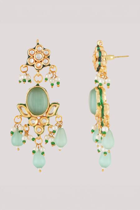 Buy_ChhavI'S Jewels_Green Pearls, Stones Dewy Bloom Kundan And Polki Studded Jewellery Set _Online_at_Aza_Fashions