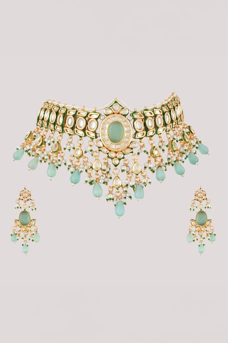 Shop_ChhavI'S Jewels_Green Pearls, Stones Dewy Bloom Kundan And Polki Studded Jewellery Set _Online_at_Aza_Fashions
