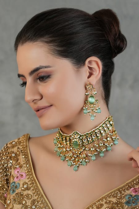 ChhavI'S Jewels_Green Pearls, Stones Dewy Bloom Kundan And Polki Studded Jewellery Set _at_Aza_Fashions