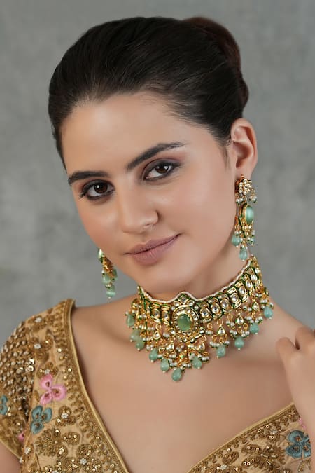 Buy_ChhavI'S Jewels_Green Pearls, Stones Dewy Bloom Kundan And Polki Studded Jewellery Set 