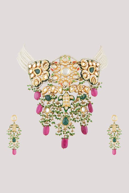 ChhavI'S Jewels_Multi Color Pearls, Diamonds Amira Fleur Kundan And Polki Studded Jewellery Set _Online_at_Aza_Fashions