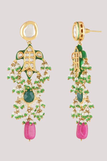 Shop_ChhavI'S Jewels_Multi Color Pearls, Diamonds Amira Fleur Kundan And Polki Studded Jewellery Set _Online_at_Aza_Fashions