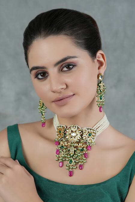 ChhavI'S Jewels_Multi Color Pearls, Diamonds Amira Fleur Kundan And Polki Studded Jewellery Set _at_Aza_Fashions