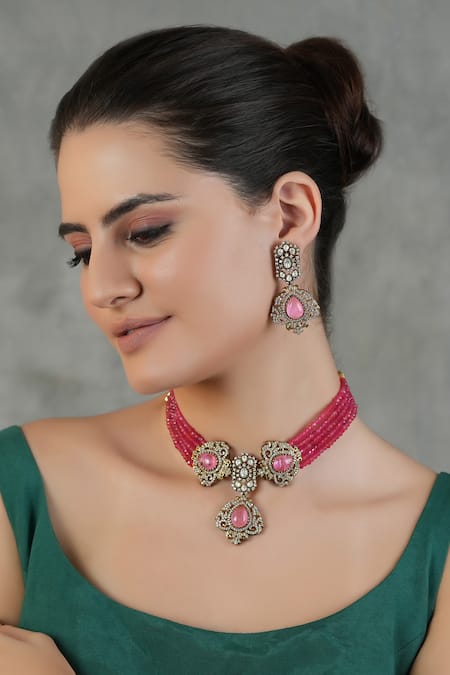 Chhavi's Jewels Damask Rose Quartz Embellished Jewellery Set 