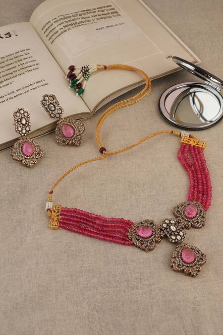 ChhavI'S Jewels Damask Rose Quartz Embellished Jewellery Set 