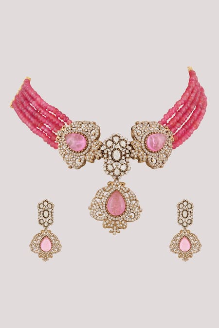 ChhavI'S Jewels_Pink Imitation Diamonds Damask Rose Quartz Embellished Jewellery Set _Online_at_Aza_Fashions