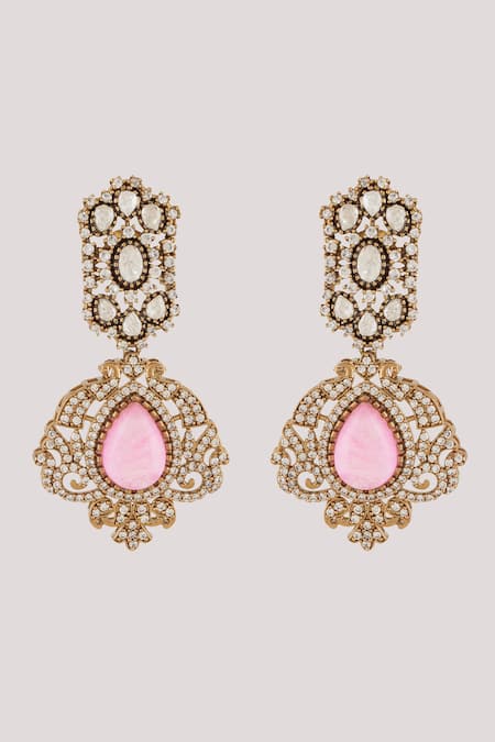 Buy_ChhavI'S Jewels_Pink Imitation Diamonds Damask Rose Quartz Embellished Jewellery Set _Online_at_Aza_Fashions