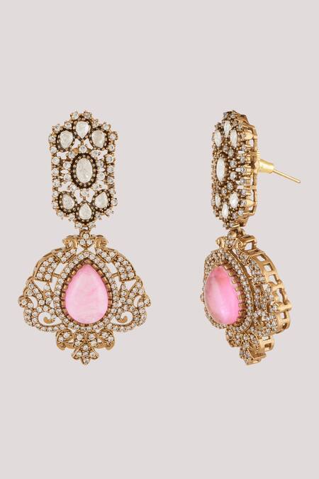 Shop_ChhavI'S Jewels_Pink Imitation Diamonds Damask Rose Quartz Embellished Jewellery Set _Online_at_Aza_Fashions