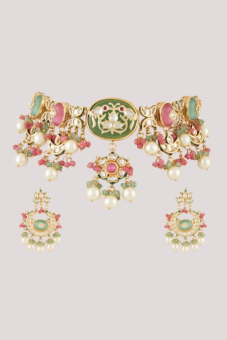 ChhavI'S Jewels_Multi Color Pearls, Diamonds Celinda Bloom Kundan And Polki Studded Jewellery Set _Online_at_Aza_Fashions