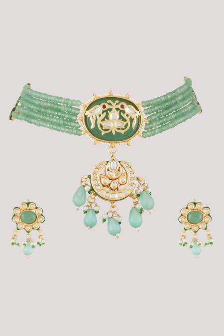 ChhavI'S Jewels_Green Pearls, Stones Clover Bloom Kundan And Polki Studded Jewellery Set _Online_at_Aza_Fashions