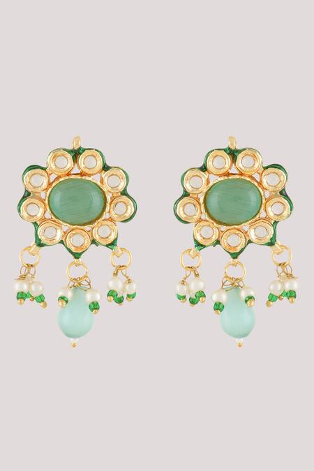 Buy_ChhavI'S Jewels_Green Pearls, Stones Clover Bloom Kundan And Polki Studded Jewellery Set _Online_at_Aza_Fashions