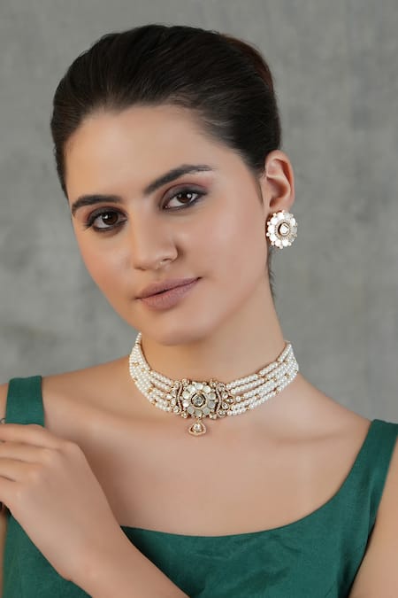 ChhavI'S Jewels White Pearls, Diamonds Olinda Floret Kundan Jewellery Set 