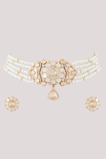 Shop_ChhavI'S Jewels_White Pearls, Diamonds Olinda Floret Kundan Jewellery Set_Online_at_Aza_Fashions