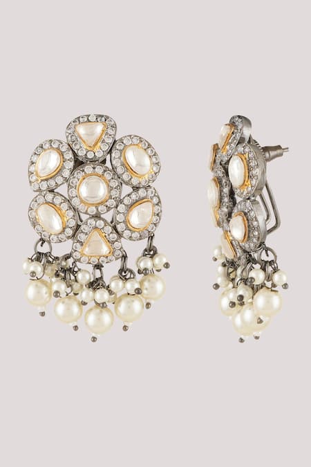 Buy_ChhavI'S Jewels_White Pearls, Diamonds Danza Cluster Kundan Studded Jewellery Set_Online_at_Aza_Fashions