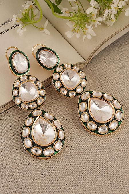 Shop_ChhavI'S Jewels_Green Gota Patti Waterdew Kundan Polki Studded Danglers _at_Aza_Fashions