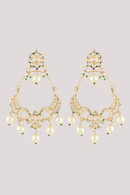 ChhavI'S Jewels_White Diamonds, Pearls Floral Kundan Polki Studded Danglers _Online_at_Aza_Fashions